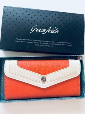 Grace Adele Orange Color Block Pebbled Clutch Wallet Faux Leather Snap Closure